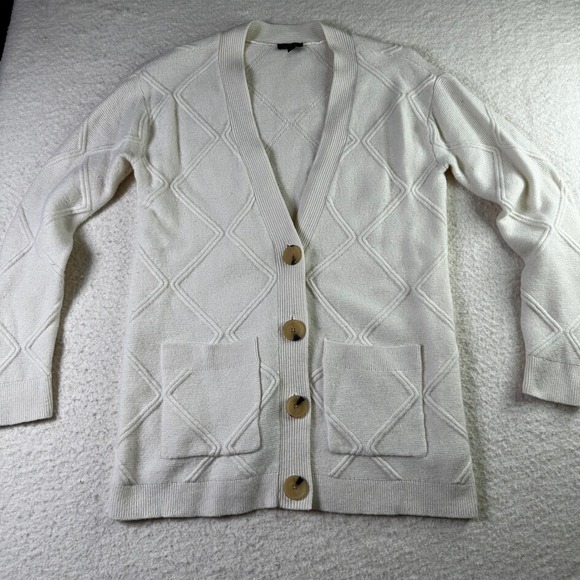 Talbots Cream Diamond Knit Cardigan Lambs Merino Cashmere Blend Big Buttons XS - Picture 14 of 15
